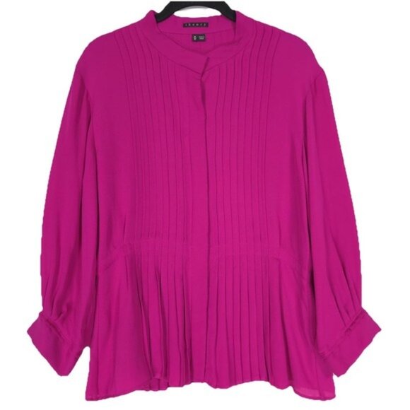 Theory Women's Top 100% SILK Pleated MEDIUM Shirt Hidden Button LS Pink Fuchsia - Picture 1 of 10